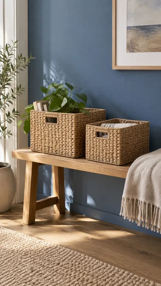 Woven storage baskets on an oak bench against a blue wall