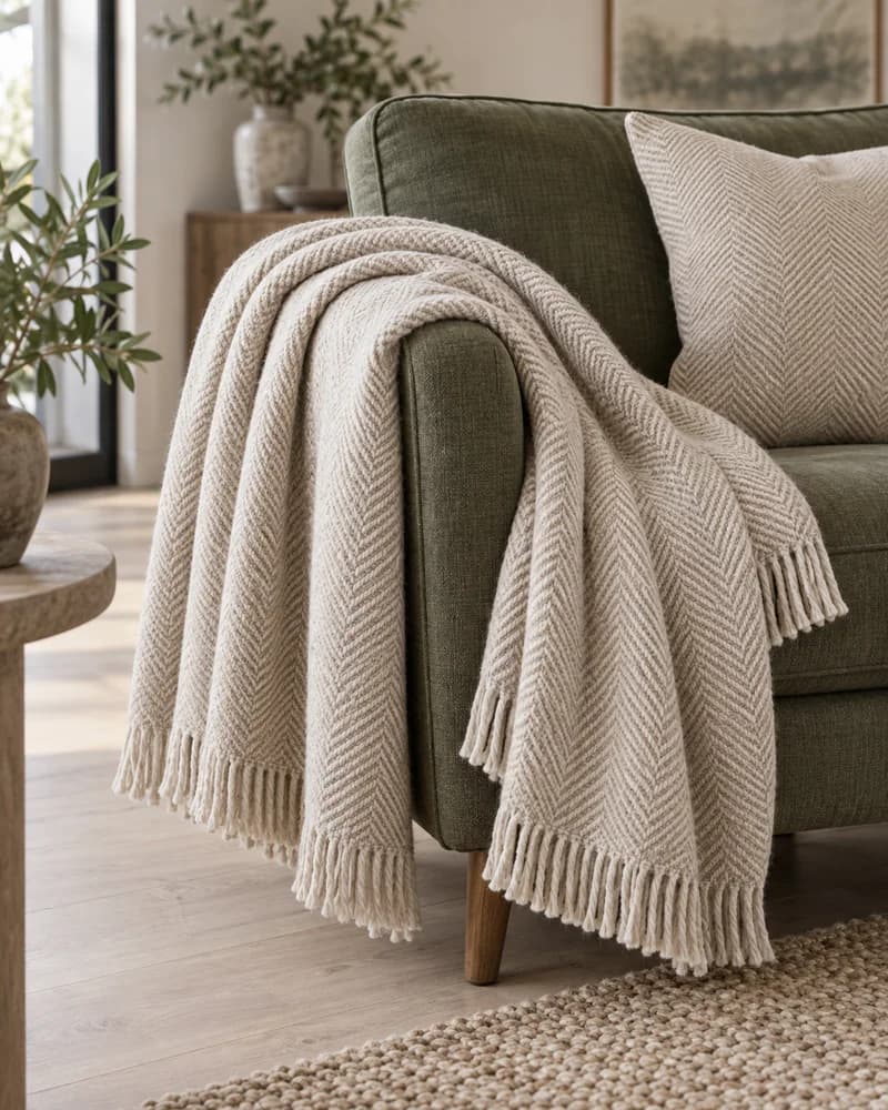 Cotton throw and cushion on an olive armchair