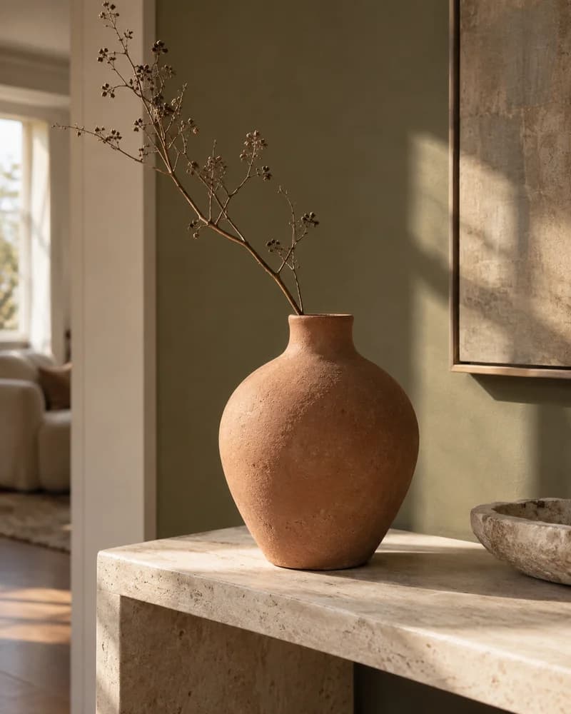 Terracotta ceramic vase on a stone console in a sunlit room